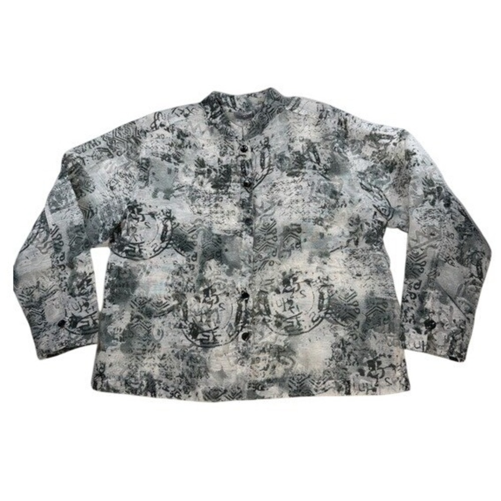 New Chico's Women's Grey Avant Garde Abstract Script‎ Print Linen Blend Size 2